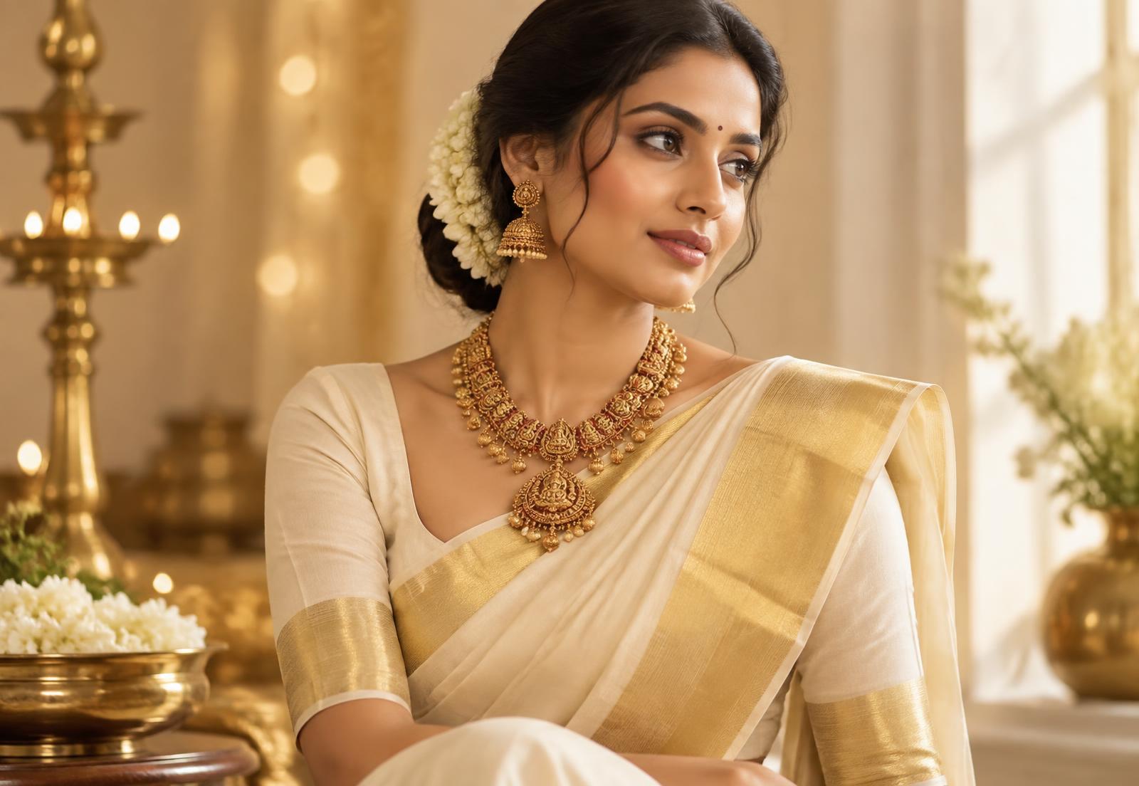 Model wearing a kasavu saree with imitation gold temple jewellery